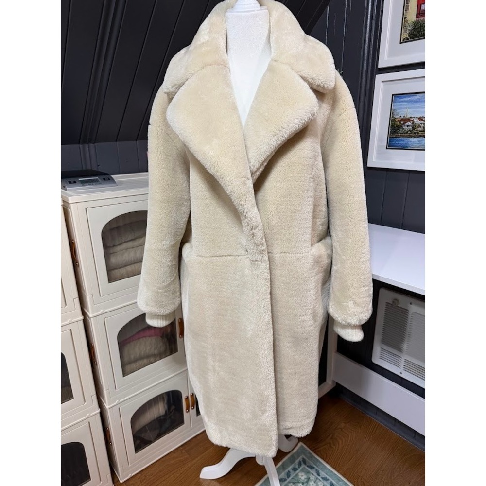 Topshop Cream Faux Fur Teddy Coat Longline Ribbed Cuff Jacket US 6 07U11KCRM